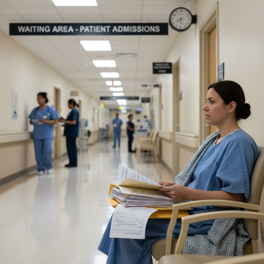 Pacjent oczekujący na diagnozę hipersomnii w szpitalnym korytarzu