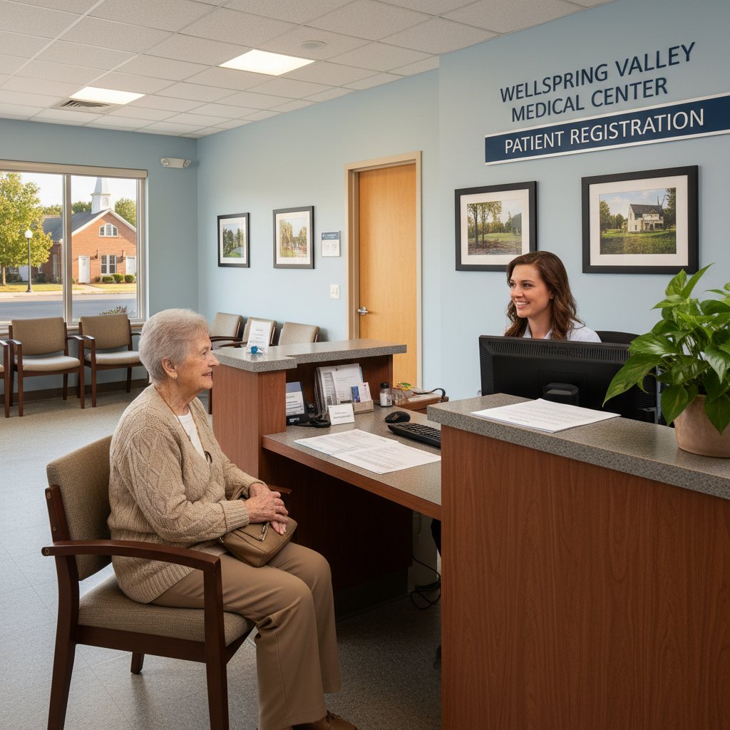 Pacjentka rozmawiająca z rejestratorką w szpitalu w małym mieście, biurokracja, kolejki