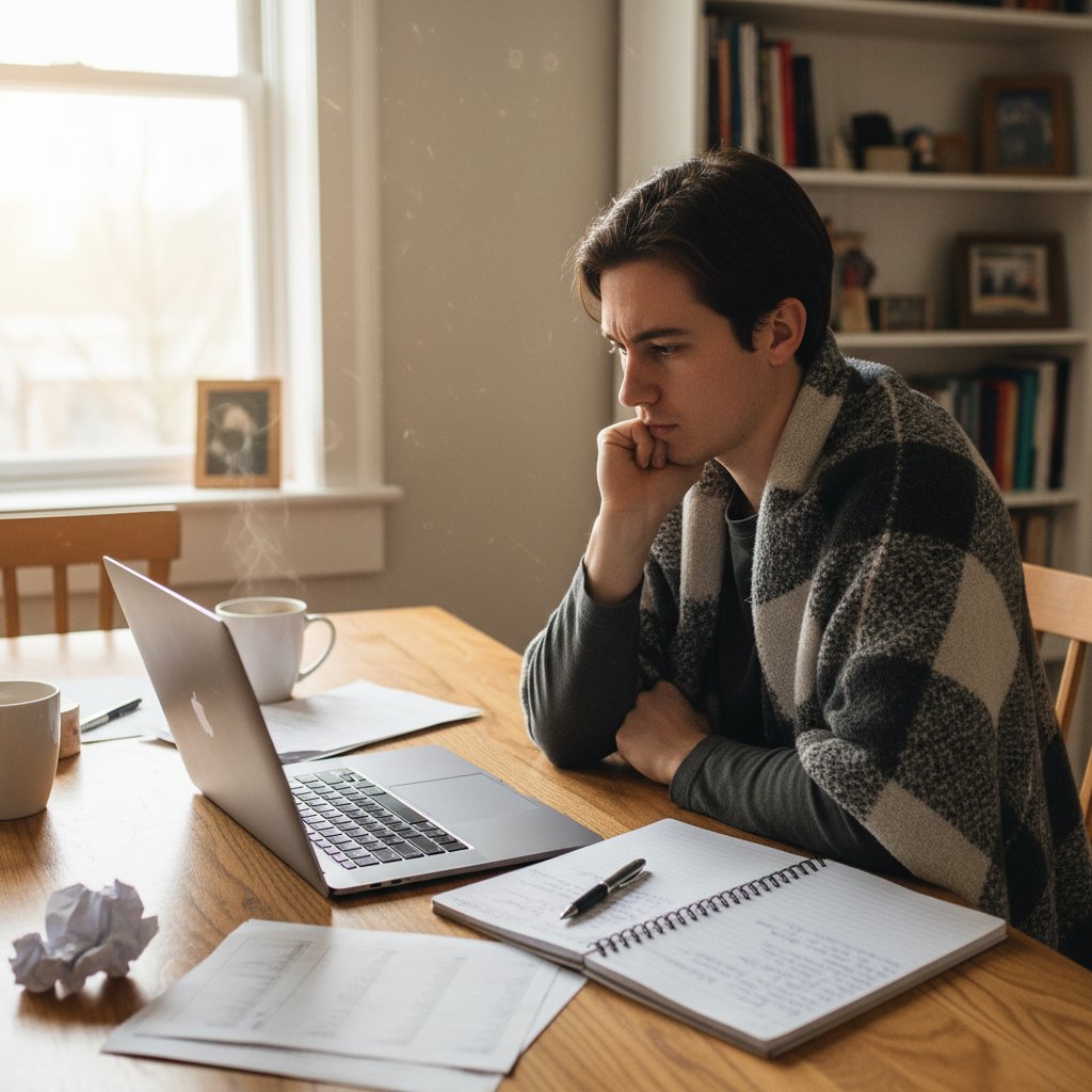 Pacjent analizujący wynik badań w domu, laptop, notatnik, skupienie