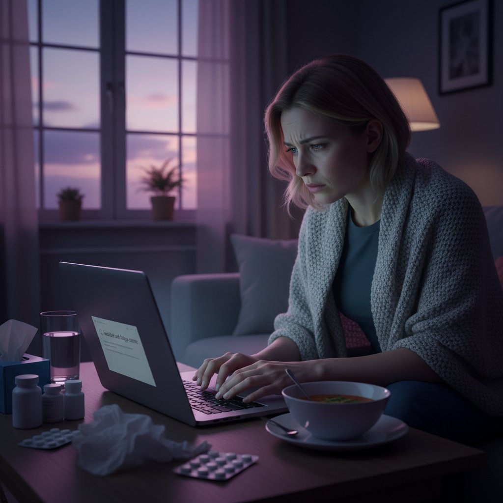 Pacjent szukający informacji zdrowotnych na laptopie, z widocznym niepokojem na twarzy