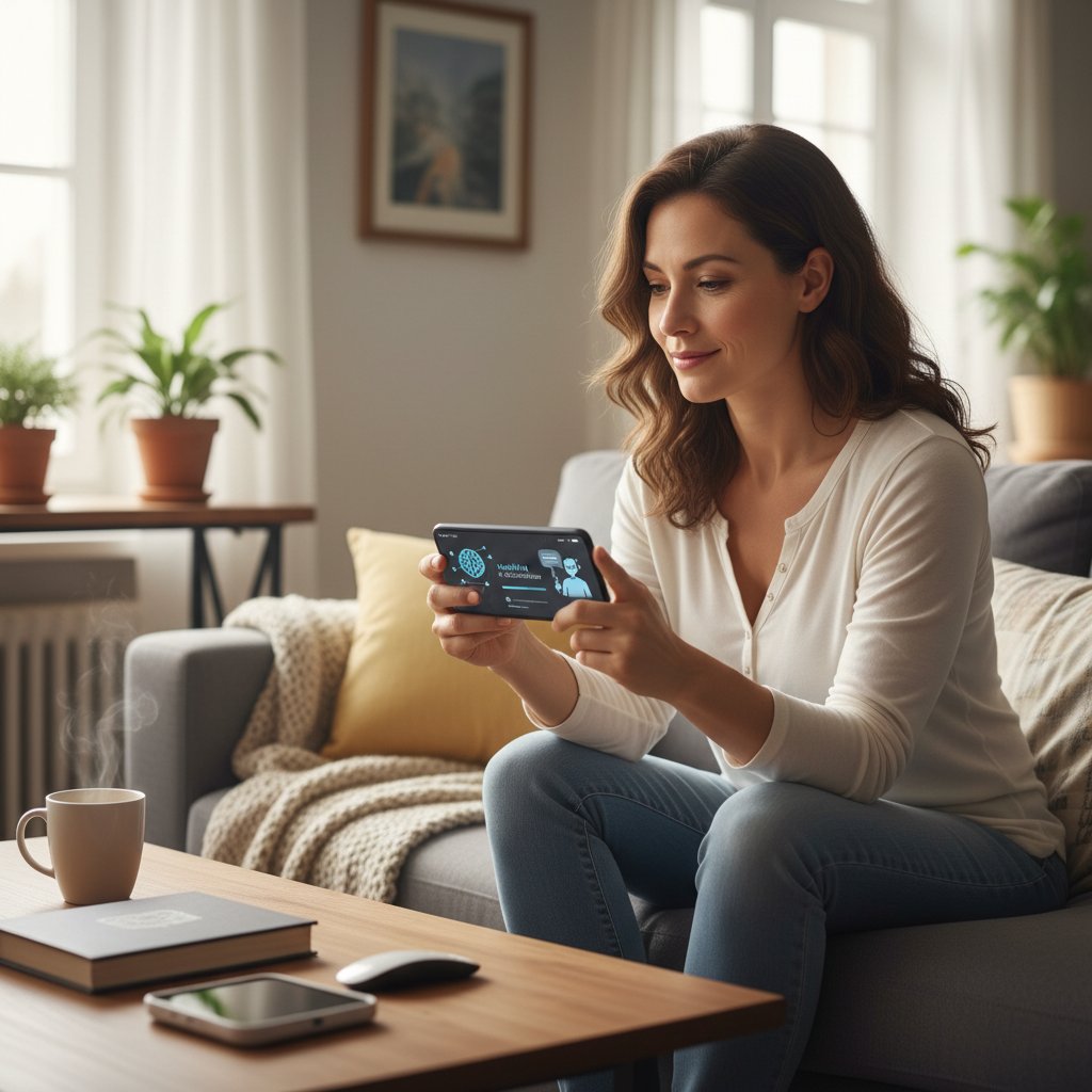 Pacjent korzysta z aplikacji medycznej na smartfonie, konsultując się ze sztuczną inteligencją, domowa sceneria