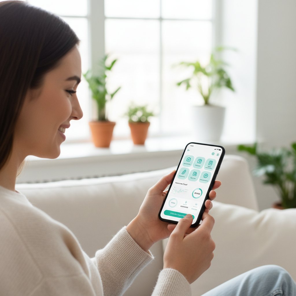 Pacjent korzystający z aplikacji medycznej na smartfonie, nowoczesny interfejs i uśmiech