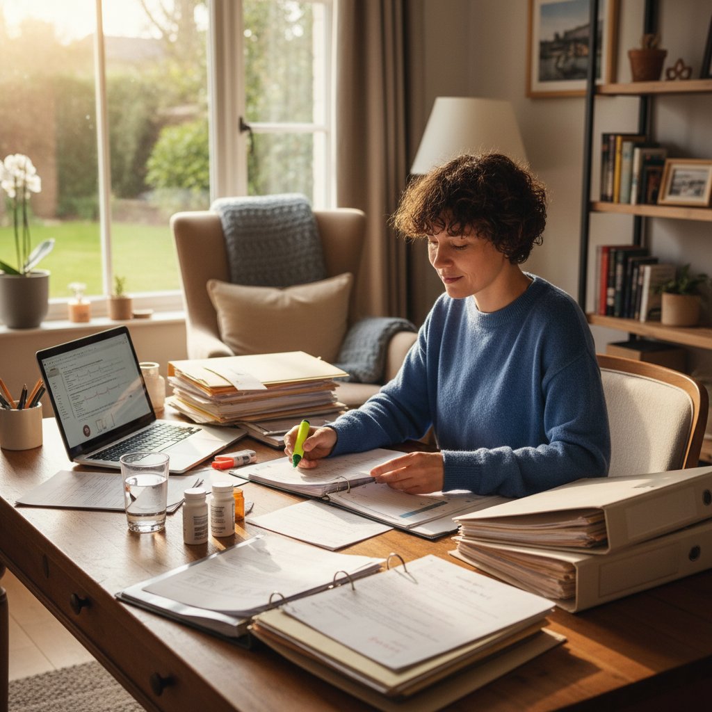 Pacjent przygotowuje dokumentację do konsylium, stos papierów na stole, spokojna twarz