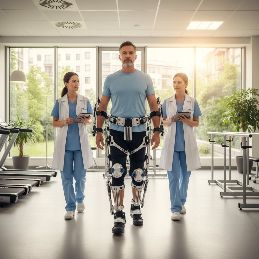 Pacjent korzysta z egzoszkieletu rehabilitacyjnego w klinice, personel medyczny nadzoruje proces