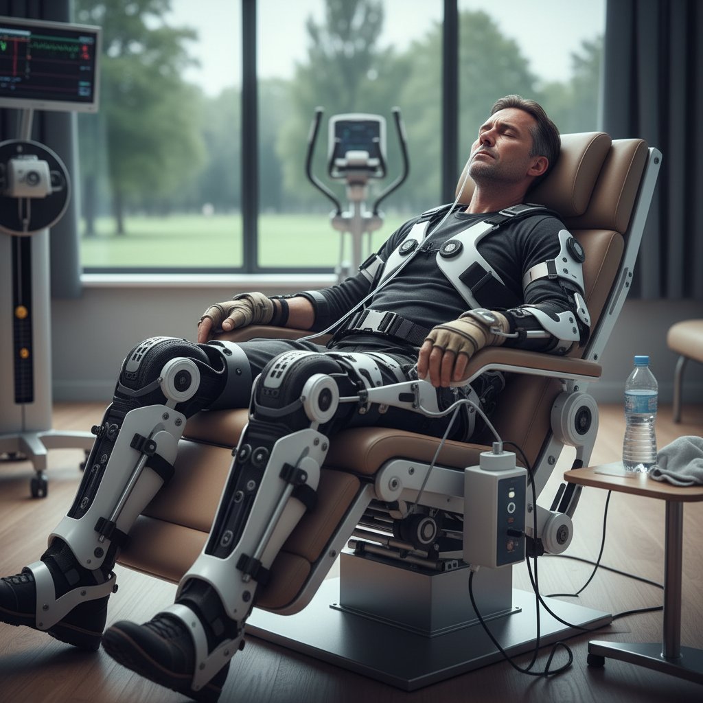 Pacjent z egzoszkieletem odpoczywa, wyraźne oznaki zmęczenia po intensywnej terapii