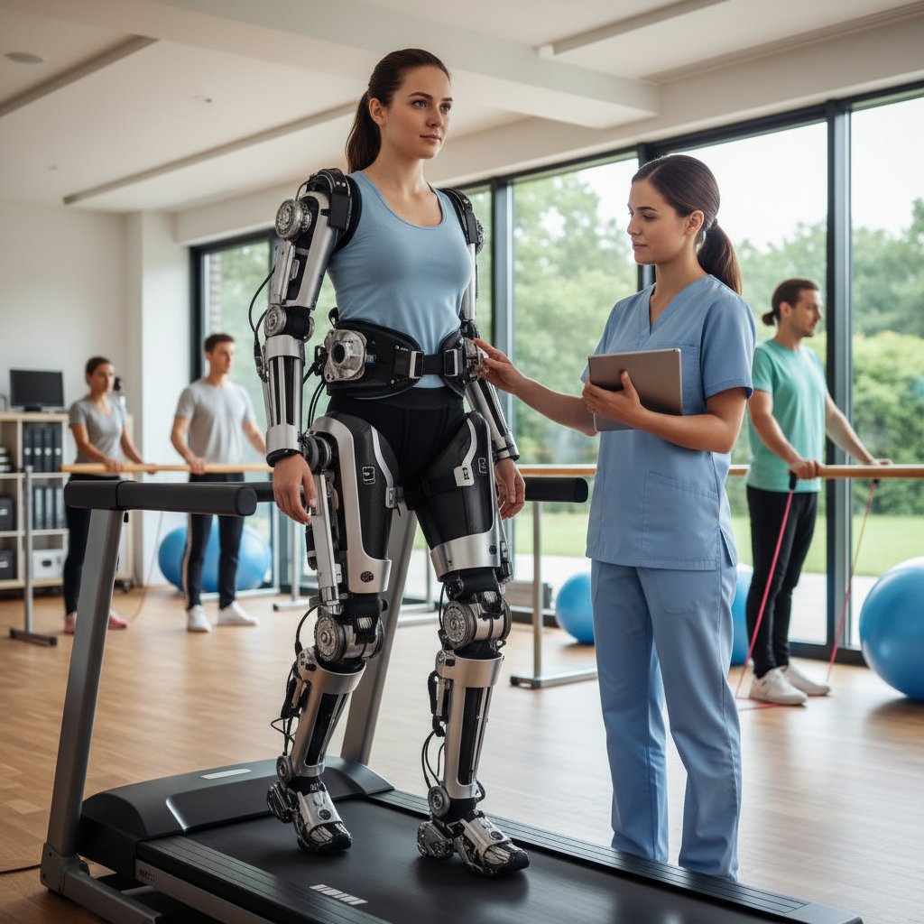 Pacjent przechodzi pionizację z egzoszkieletem, fizjoterapeuta asystuje podczas rehabilitacji