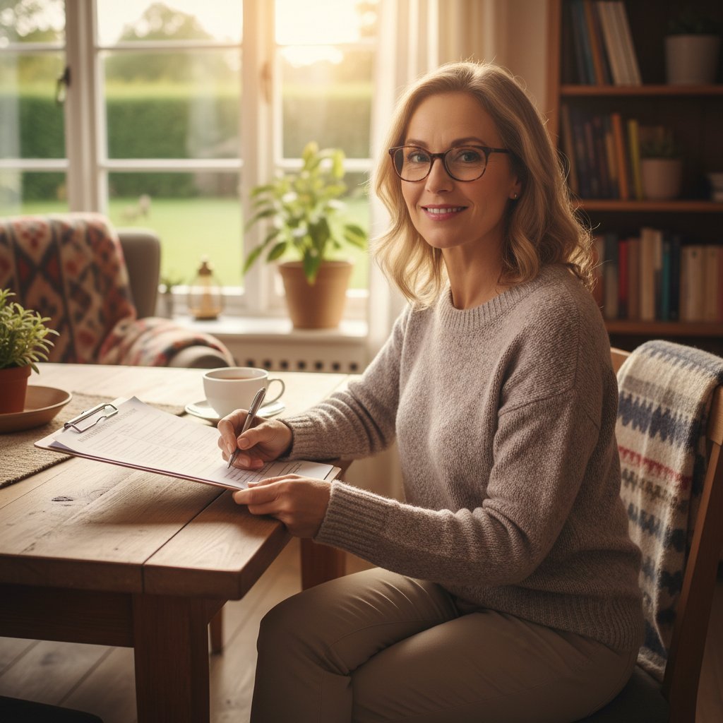 Pacjent wypełniający formularz przed laseroterapią, domowy gabinet, dokumenty medyczne