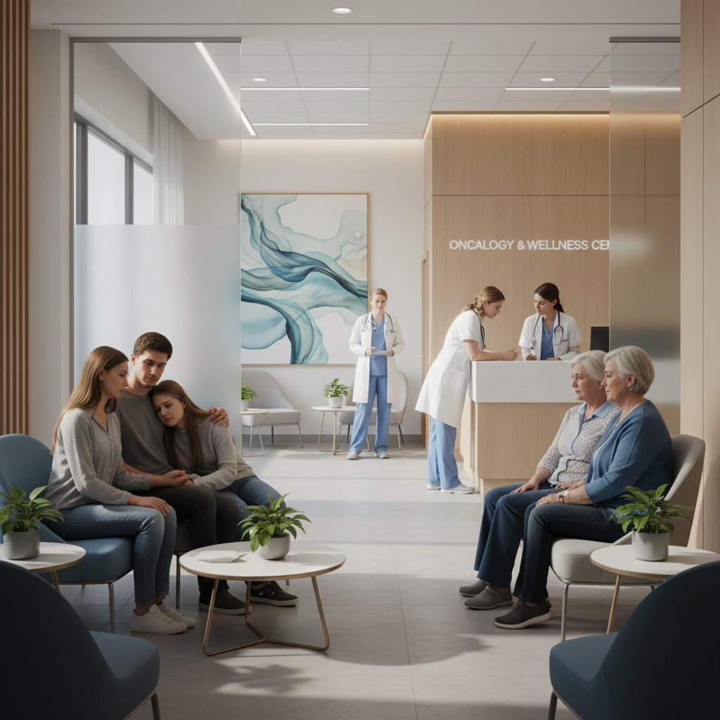 Pacjentka podczas terapii celowanej w polskiej klinice onkologicznej, otoczona rodziną i personelem medycznym, napięcie emocjonalne, kontrast światła, symbole nadziei i niepokoju