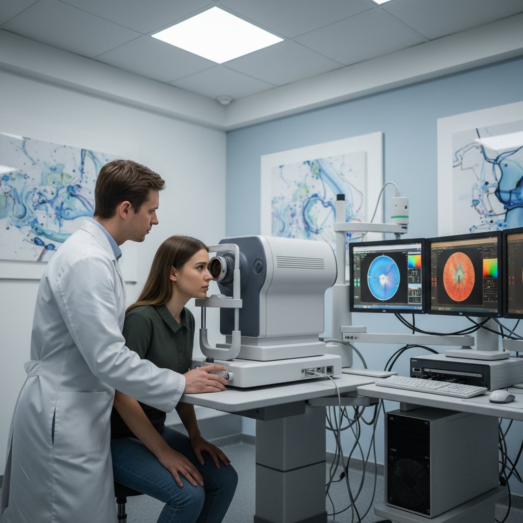 Pacjent ustawiany przez technika przy maszynie OCT, nowoczesna klinika, lekki niepokój