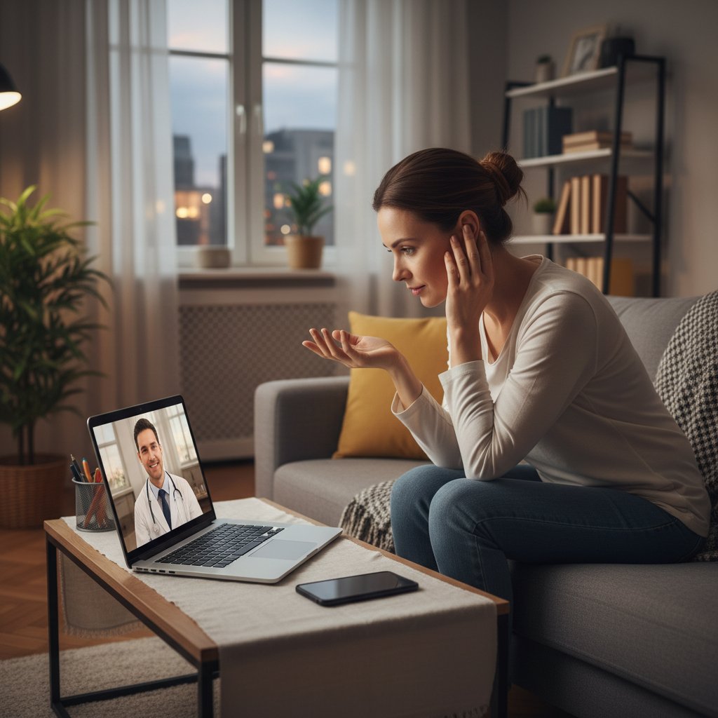 Pacjent korzystający z konsultacji zdrowotnej online w domu, laptop, wieczór, atmosfera skupienia