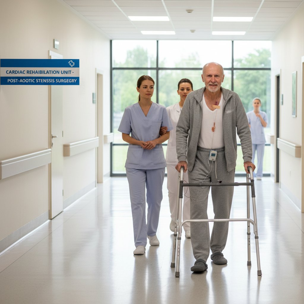 Pacjent po operacji serca spaceruje po korytarzu szpitalnym z pomocą rehabilitanta