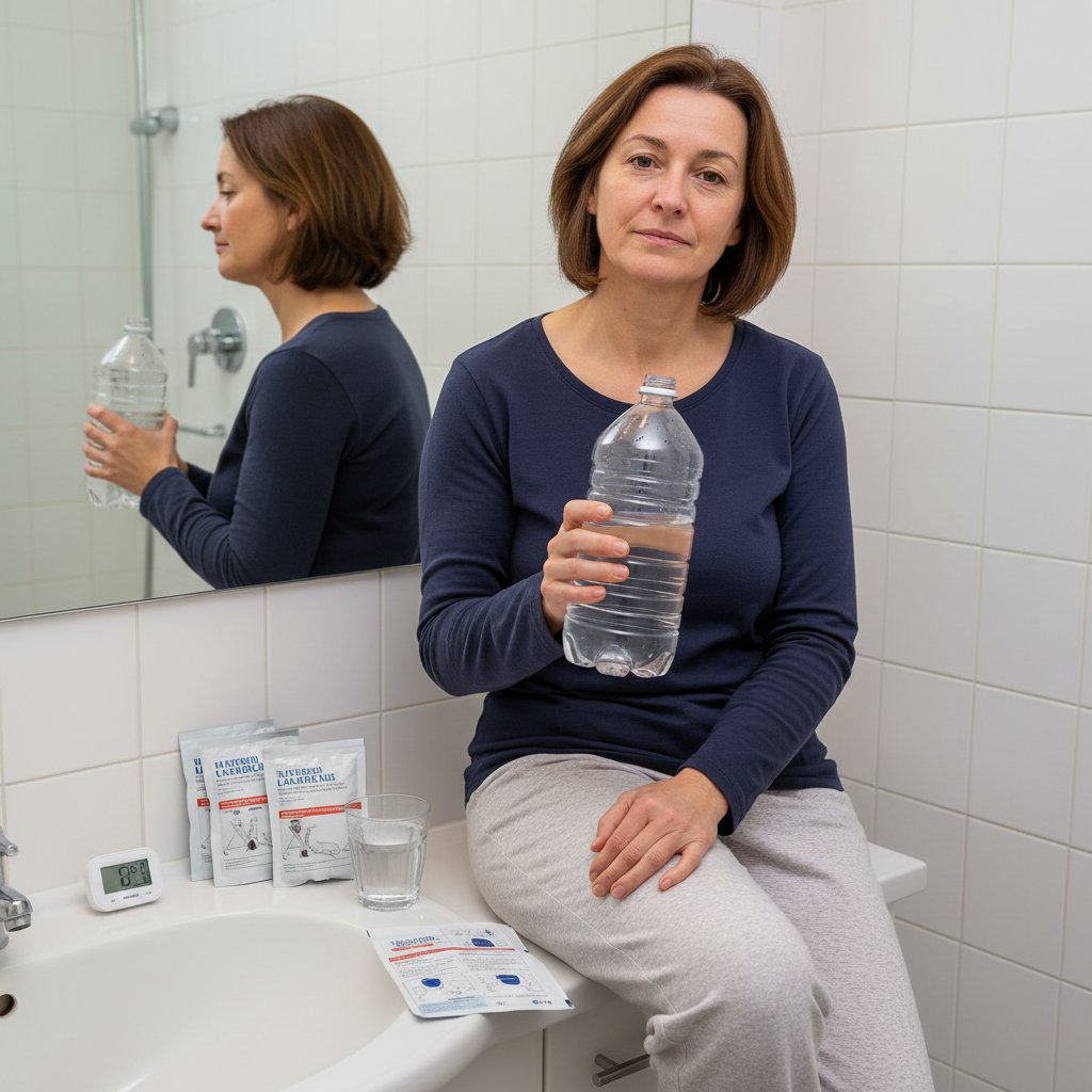 Pacjent przygotowuje się do rektoskopii w domu, leki, woda, dieta lekkostrawna