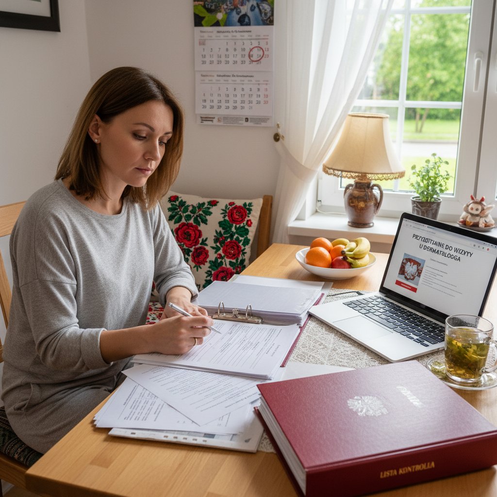 Pacjent przygotowuje dokumenty przed wizytą u dermatologa