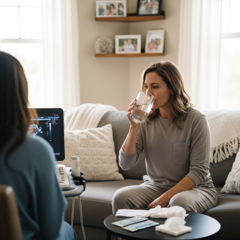 Ujęcie pacjenta przygotowującego się do USG nerek – szklanka wody, lekki posiłek, atmosfera domowa