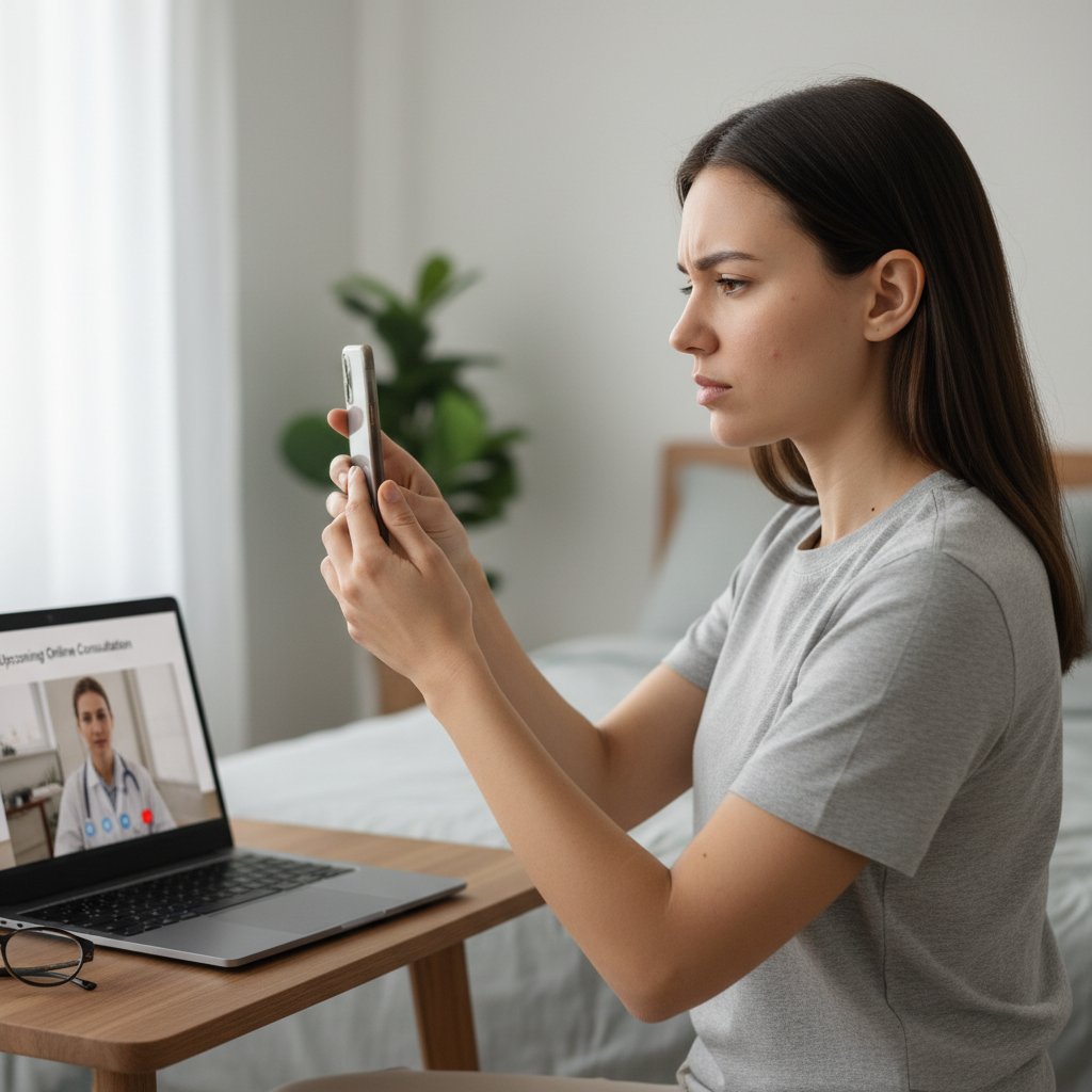 Pacjent przygotowujący się do konsultacji online, robiący zdjęcia zmian skórnych smartfonem