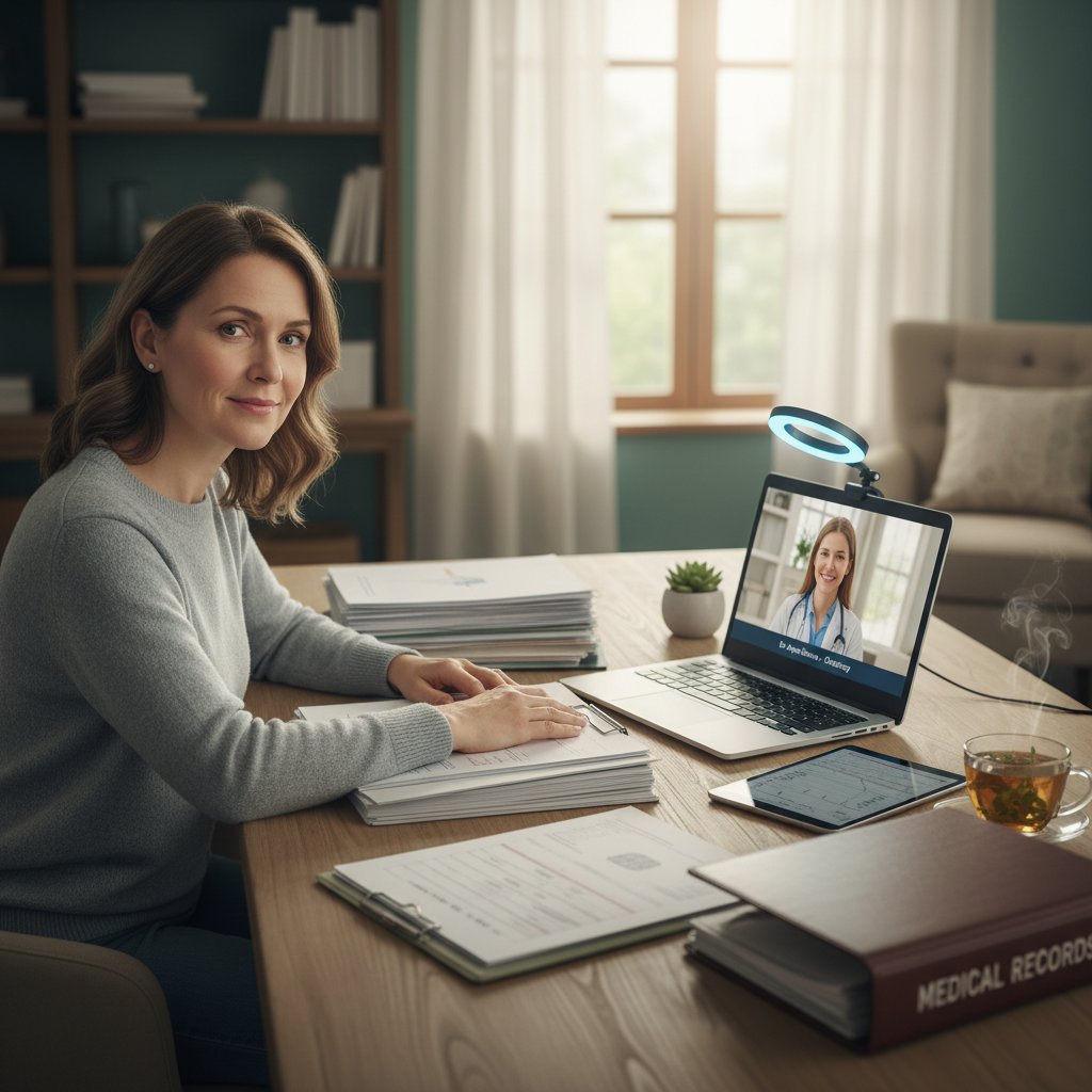 Pacjent przygotowujący się do konsultacji onkologicznej online – dokumenty, komputer, spokojne otoczenie
