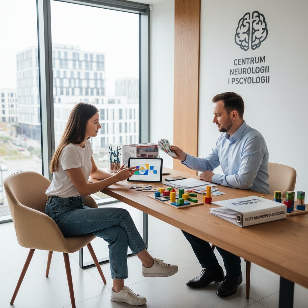 Spotkanie pacjenta z psychologiem przy biurku, testy neuropsychologiczne, nowoczesna polska klinika