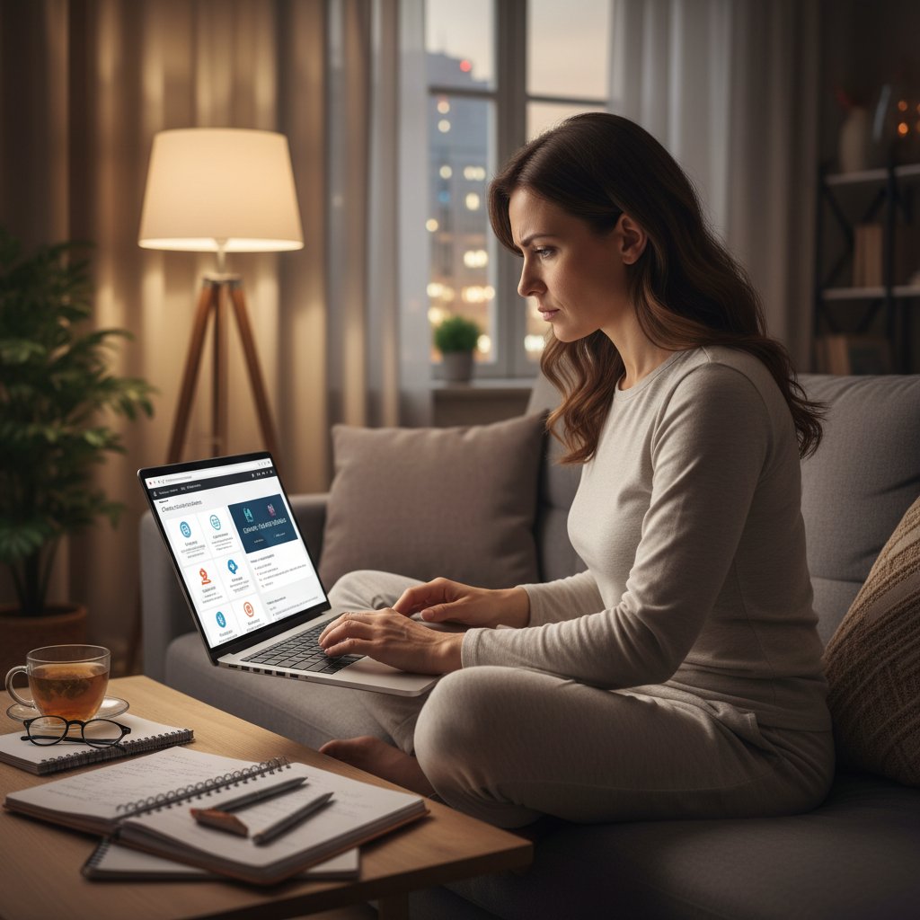 Pacjent wpisujący pytania na laptopie przed wyborem platformy konsultacji online, wieczorowa atmosfera, skupienie