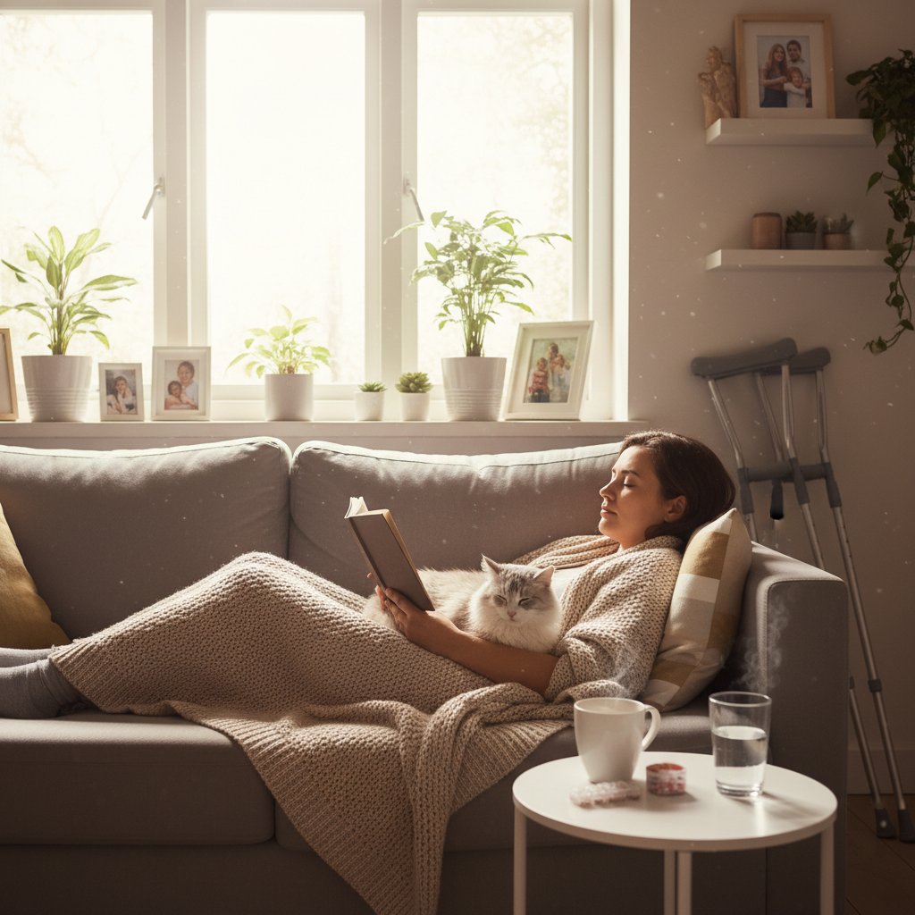 Osoba odpoczywająca po zabiegu laseroterapii w domowych warunkach, spokojna atmosfera