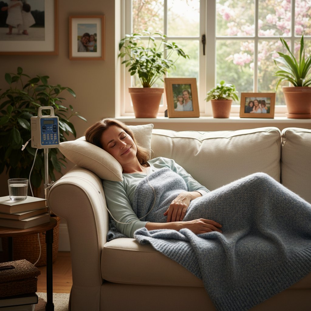 Pacjent odpoczywający po zabiegu plazmaferezy w domu, z kubkiem herbaty