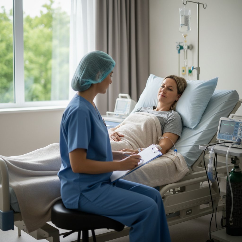 Pacjent odpoczywający po koronarografii, spokojna sala szpitalna, opieka pielęgniarki, atmosfera ulgi