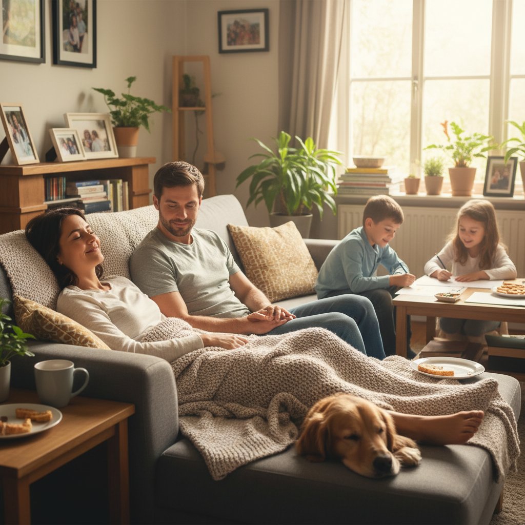 Pacjent w domu, odpoczywający po zabiegu, z bliskimi