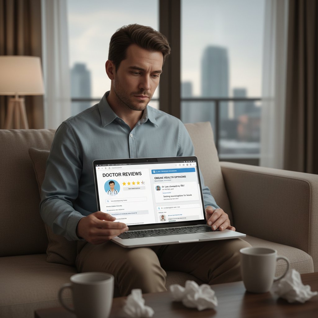 Pacjent analizujący opinie lekarzy rodzinnych online na laptopie