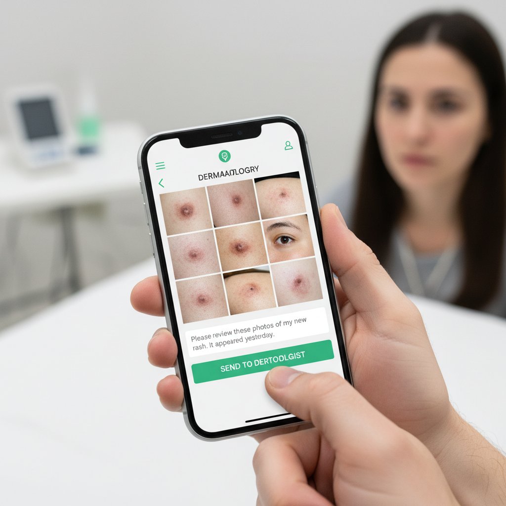 Pacjent przesyłający zdjęcia zmian skórnych przez aplikację mobilną, zbliżenie na ekran smartfona