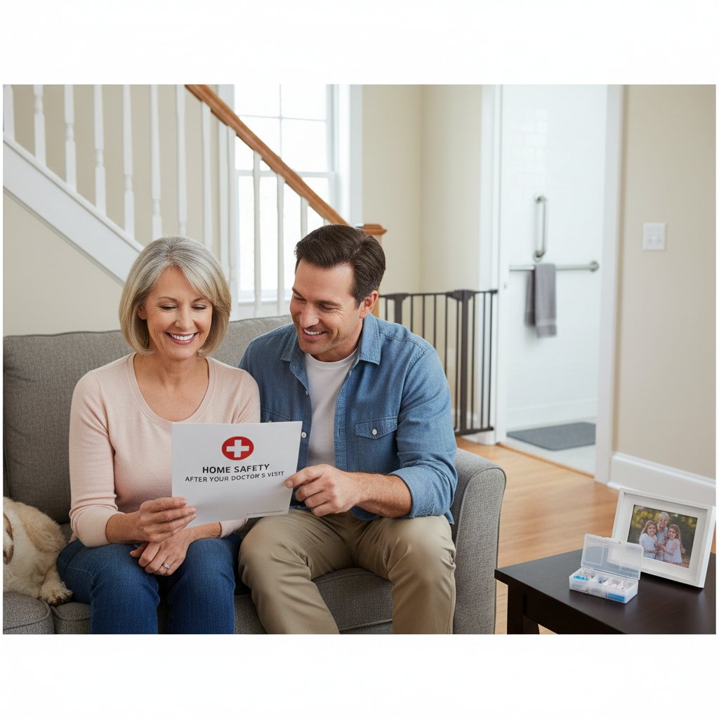 Pacjent siedzi spokojnie w domu, uśmiechnięty, poczucie bezpieczeństwa po wizycie domowej