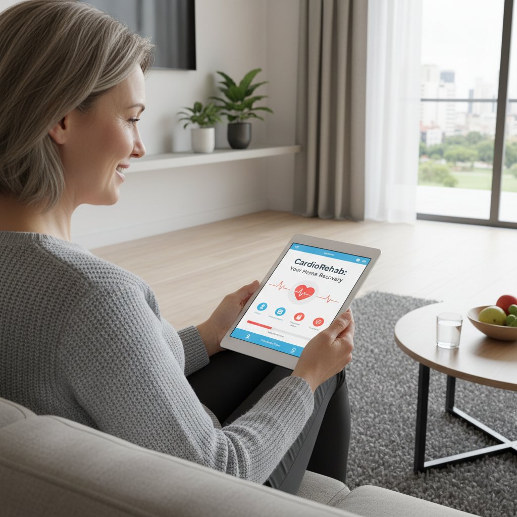 Pacjent korzysta z aplikacji do rehabilitacji kardiologicznej w domu, nowoczesne wnętrze, naturalne światło