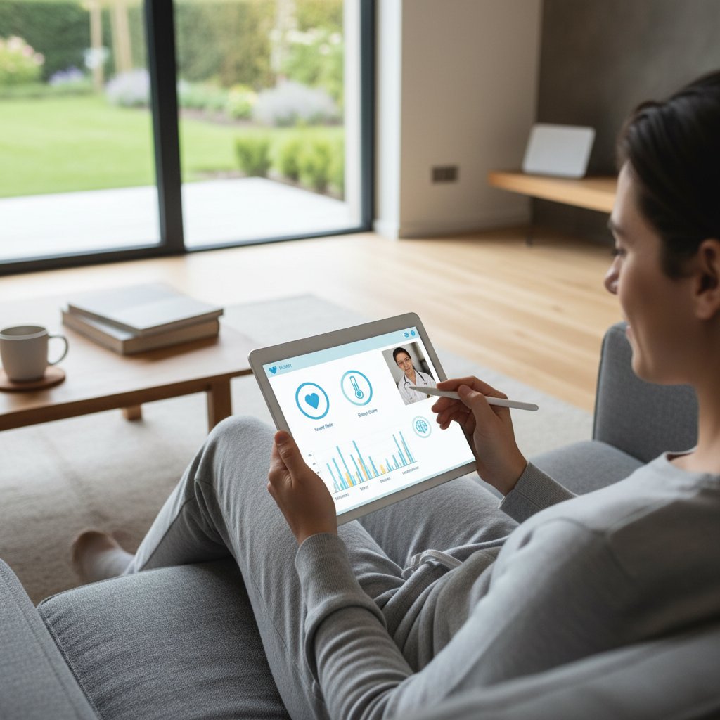 Pacjent korzysta z teleporady przy użyciu tabletu, nowoczesne wnętrze, elementy zdrowia cyfrowego