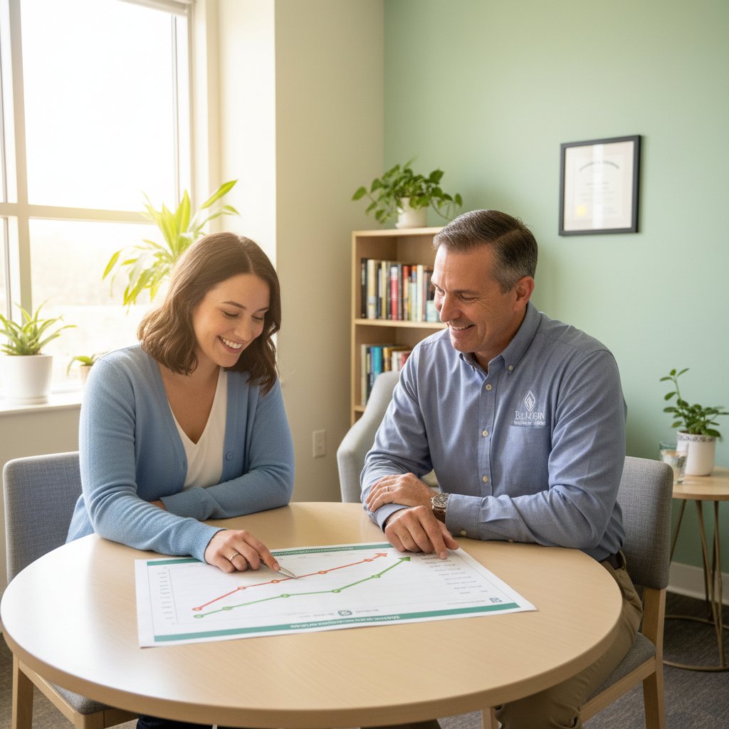 Pacjent i terapeuta analizujący postępy rehabilitacji neuropsychologicznej