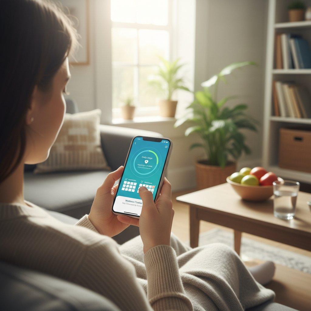 Pacjent korzystający z aplikacji medycznej na smartfonie, skupienie, spokojna atmosfera domowa