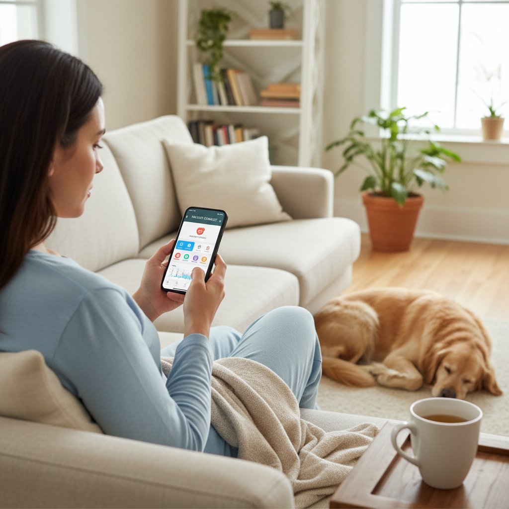 Pacjent korzystający z aplikacji zdrowotnej na smartfonie, domowa atmosfera