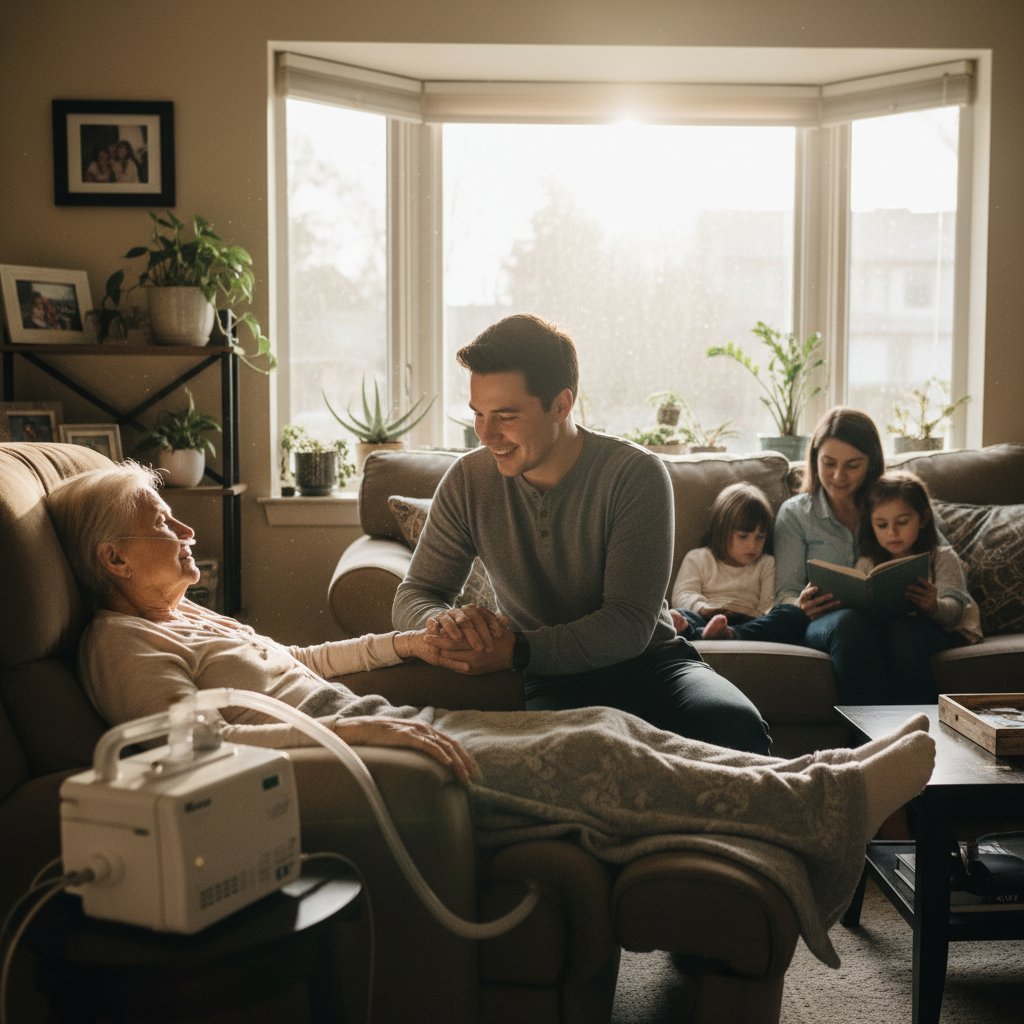 Pacjent z respiratorem w domu, światło dzienne i obecność rodziny, pozytywny nastrój