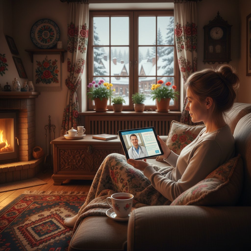 Pacjent korzystający z wirtualnej konsultacji w domowym zaciszu, ekran komputera z lekarzem, polskie otoczenie