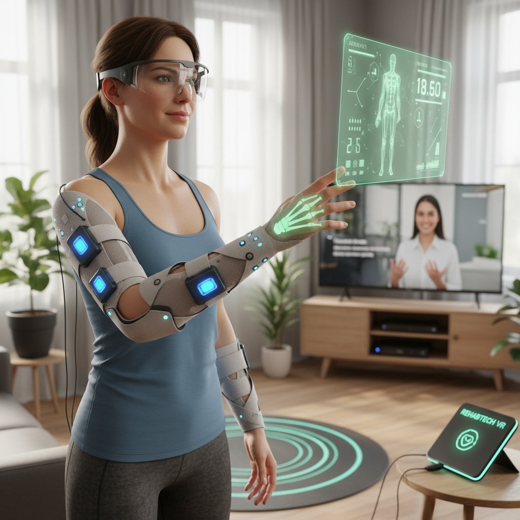 Pacjent z opaską monitorującą ćwiczenia, wirtualna rehabilitacja w domu