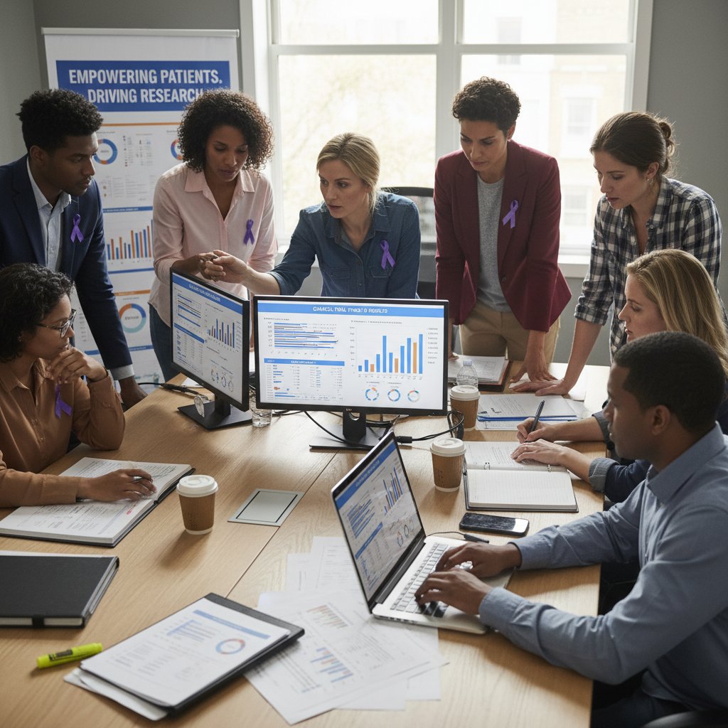 Patients reviewing clinical trial data, activist group analyzing results