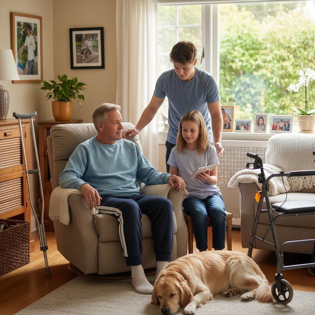 Pacjent po operacji bajpasów z rodziną w domu podczas rekonwalescencji