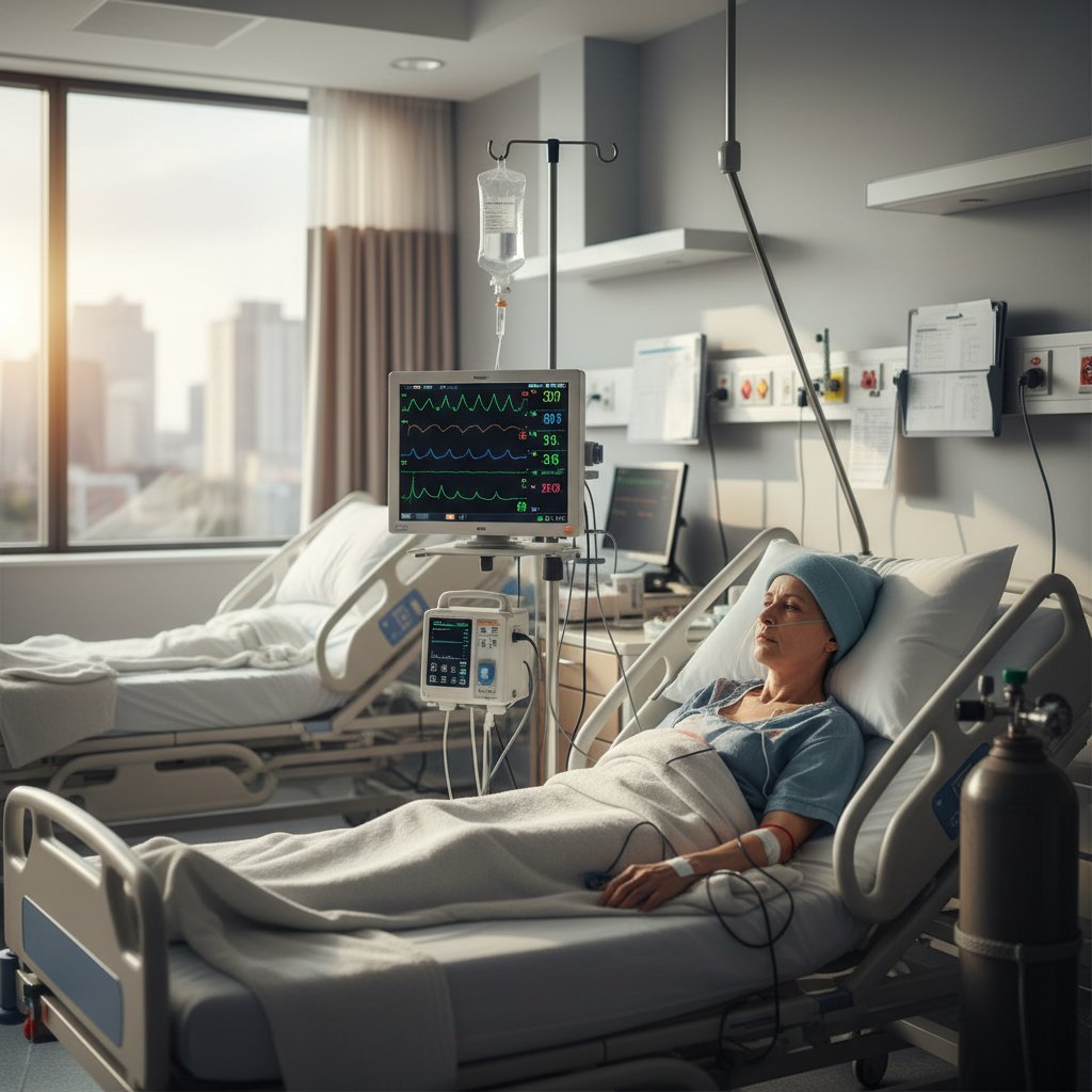 Pacjent po chemoembolizacji odpoczywa w szpitalnym łóżku, otoczony nowoczesnym sprzętem medycznym