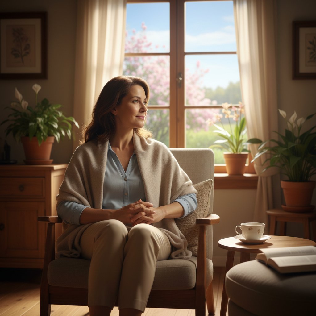 Portret pacjenta po ECT, spokojna refleksja w domu, nadzieja po terapii elektrowstrząsowej