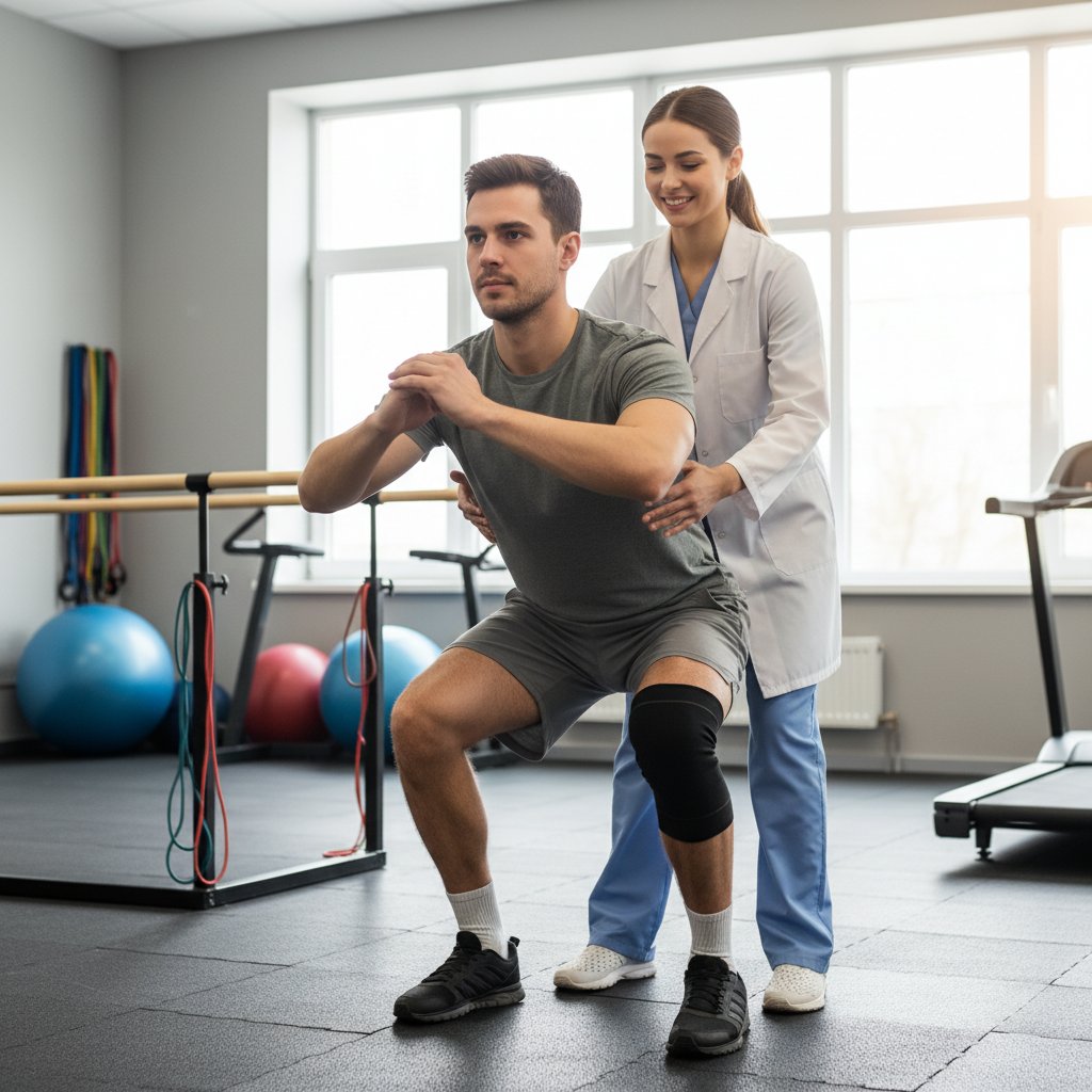 Pacjent po osteotomii wykonujący pierwsze ćwiczenia pod okiem fizjoterapeuty