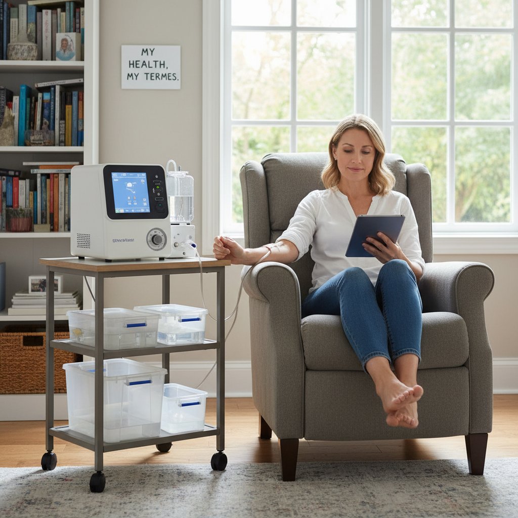 Pacjent samotnie siedzący przy dializatorze domowym, zamyślony wyraz twarzy, słowa kluczowe dializa, samodzielność