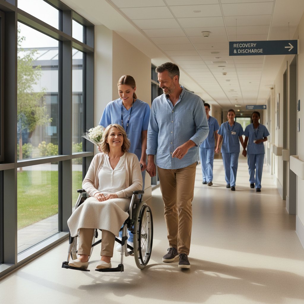 Pacjent i rodzina na szpitalnym korytarzu – emocje po zakończonym leczeniu