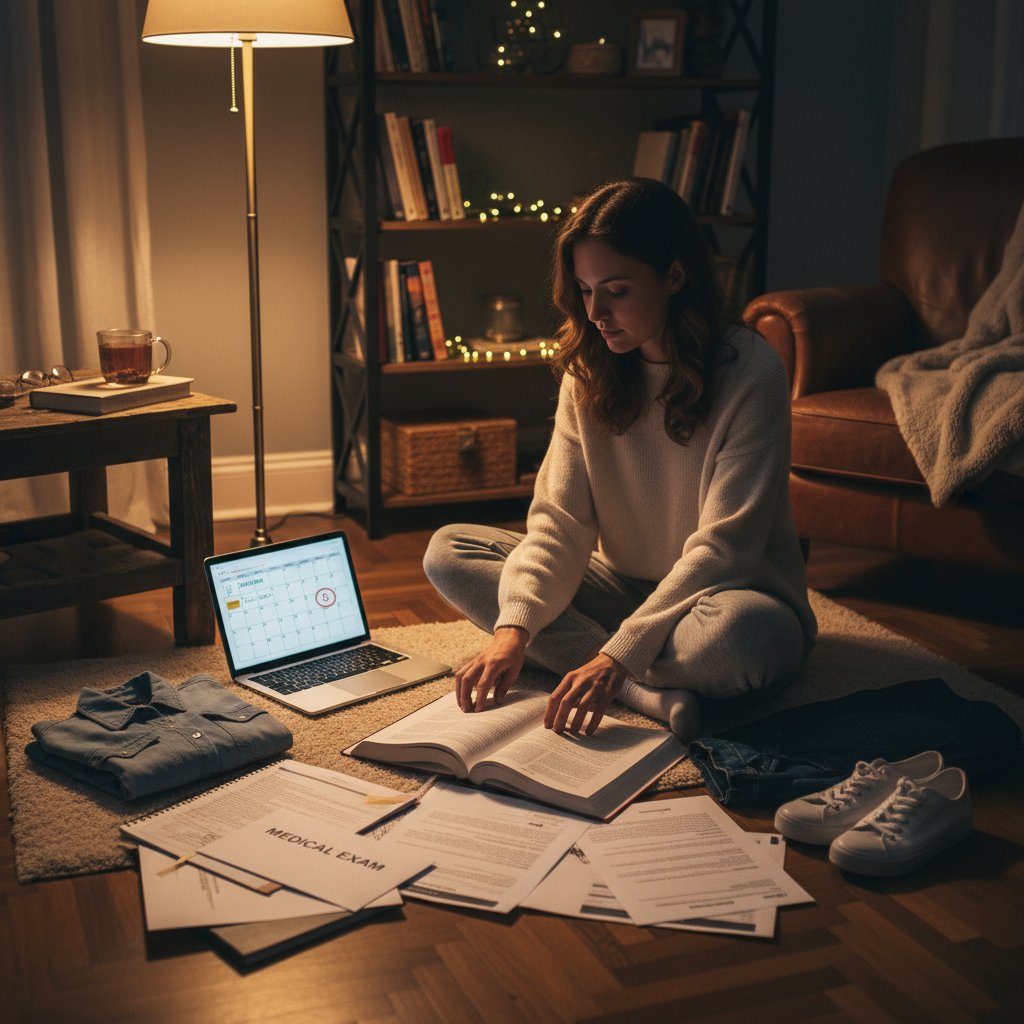 Pacjent przygotowuje się do badania echo serca w domu, układa dokumenty i ubrania, przytulne światło