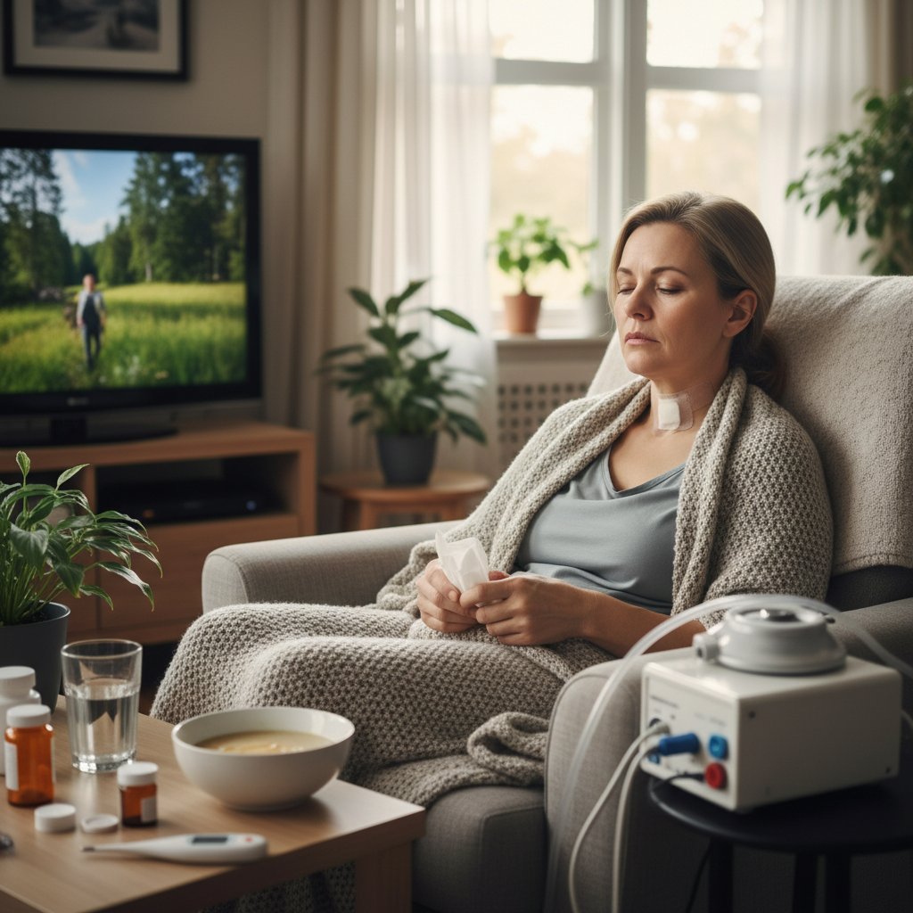 Pacjentka po terapii protonowej odpoczywa w domu, z widoczną ulgą i refleksją, skutki uboczne terapii protonowej