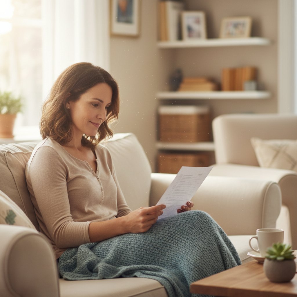Pacjent sprawdzający listę zaleceń po zabiegu biopsji skóry, domowe otoczenie, spokojny wyraz twarzy