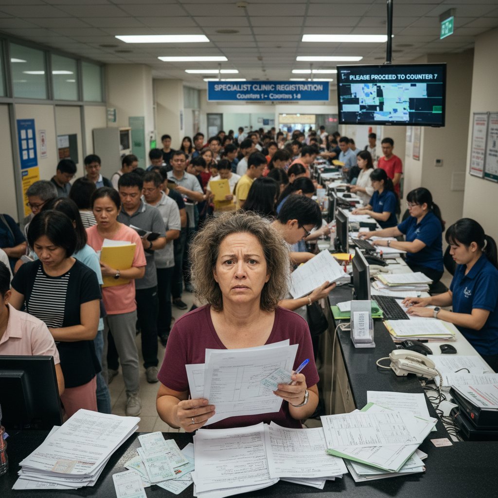 Pacjent zdezorientowany w rejestracji poradni, kolejka, dokumenty, stres