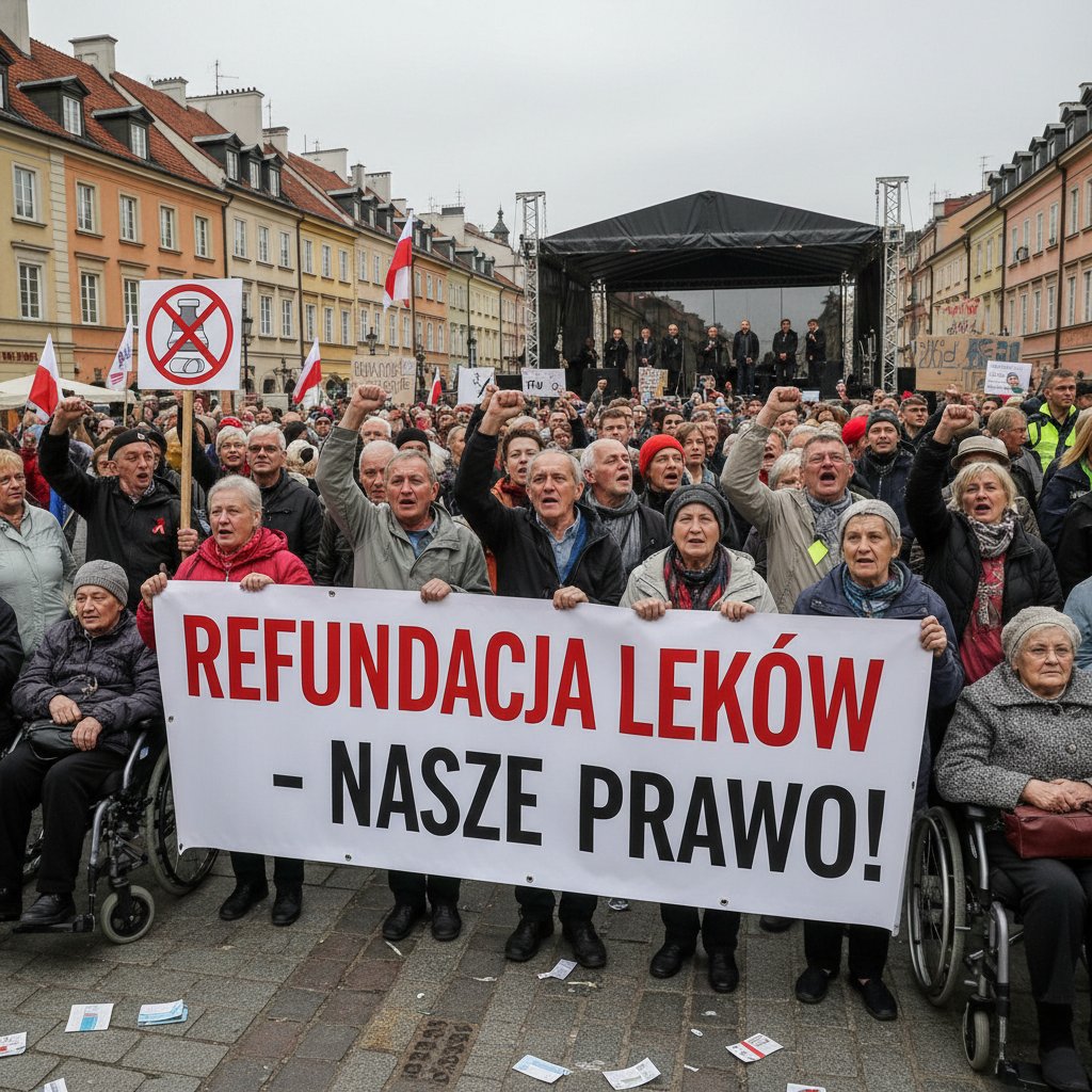 Demonstracja pacjentów i rodzin walczących o refundację leków, centrum Warszawy, transparenty, emocje