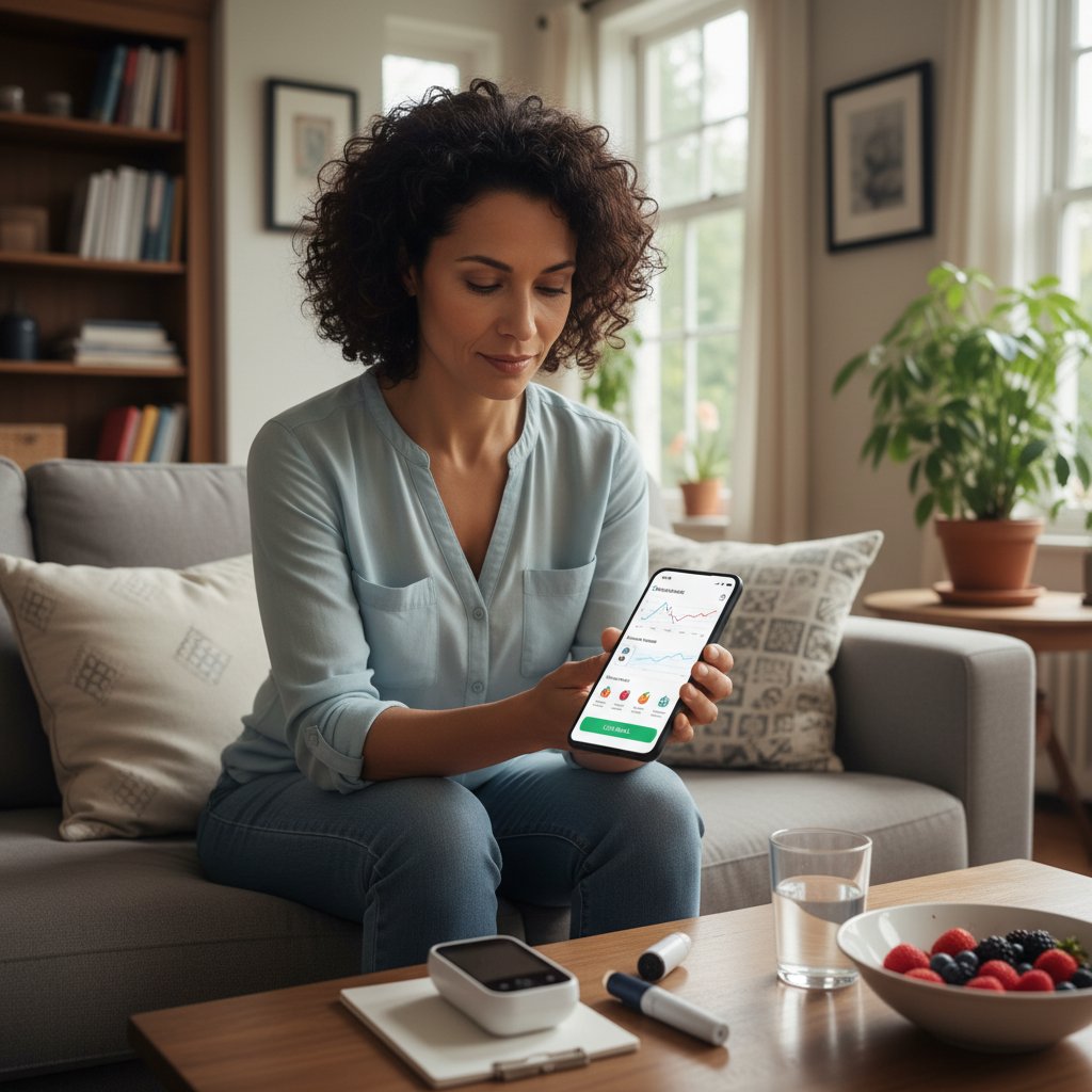 Pacjent z cukrzycą mierzący poziom cukru aplikacją mobilną w domowym otoczeniu